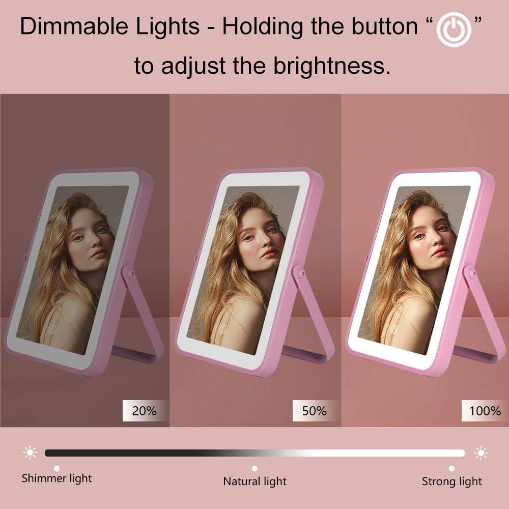 YEKKOPT Pink Rechargeable Vanity Mirror with Lights, 10"×7" LED Makeup Mirror with Lights, Smart Touch Control Dimmable 3 Modes Light, Lighted Up Mirror for Makeup Desk, Bedroom, Dressing Room