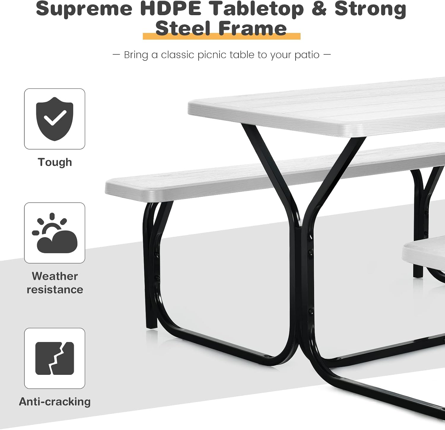 Tangkula Picnic Table Bench Set, Outdoor Picnic Table with 2 Benches, Metal Camping Table with Plastic Wood-Like Texture Tabletop & Steel Frame, Ideal for Picnic, Party, Garden, Lawn (White)