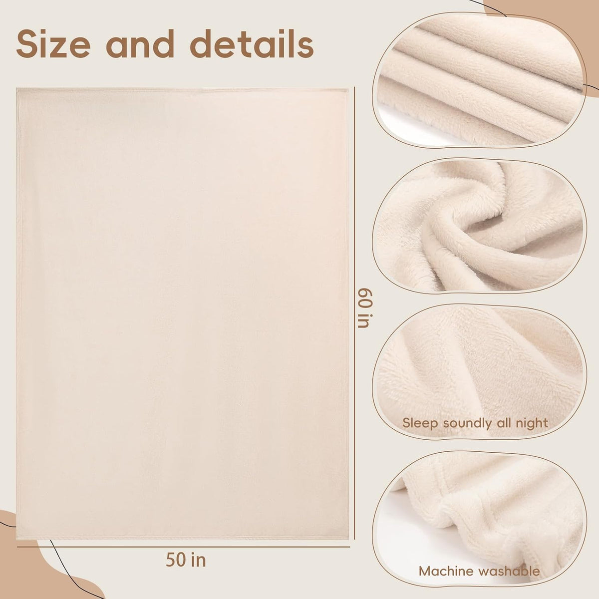2 Pcs Flannel Fleece Throw Blanket for Bed Couch Large Soft Blanket Lightweight Throw for Sofa,Couch,Travel,Camping,(Beige,50x60 Inch)
