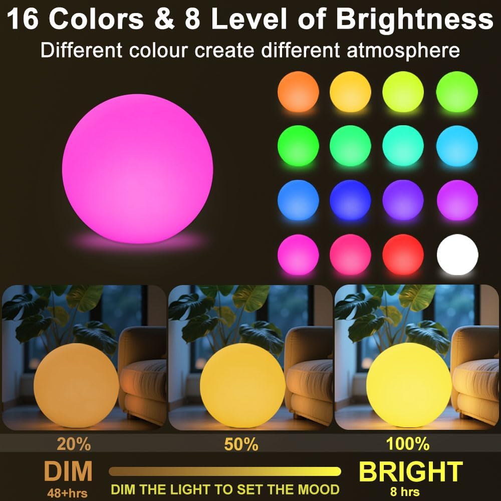 14-in LED Ball Light, Rechargeable Outdoor Globes Light Dimmable RGB Color Changing Globe Floor Lamp w/Remote, Modern Versatile LED Globe Orb Lights Waterproof Glowing Orb Lamp for Home Yard Lawn Path