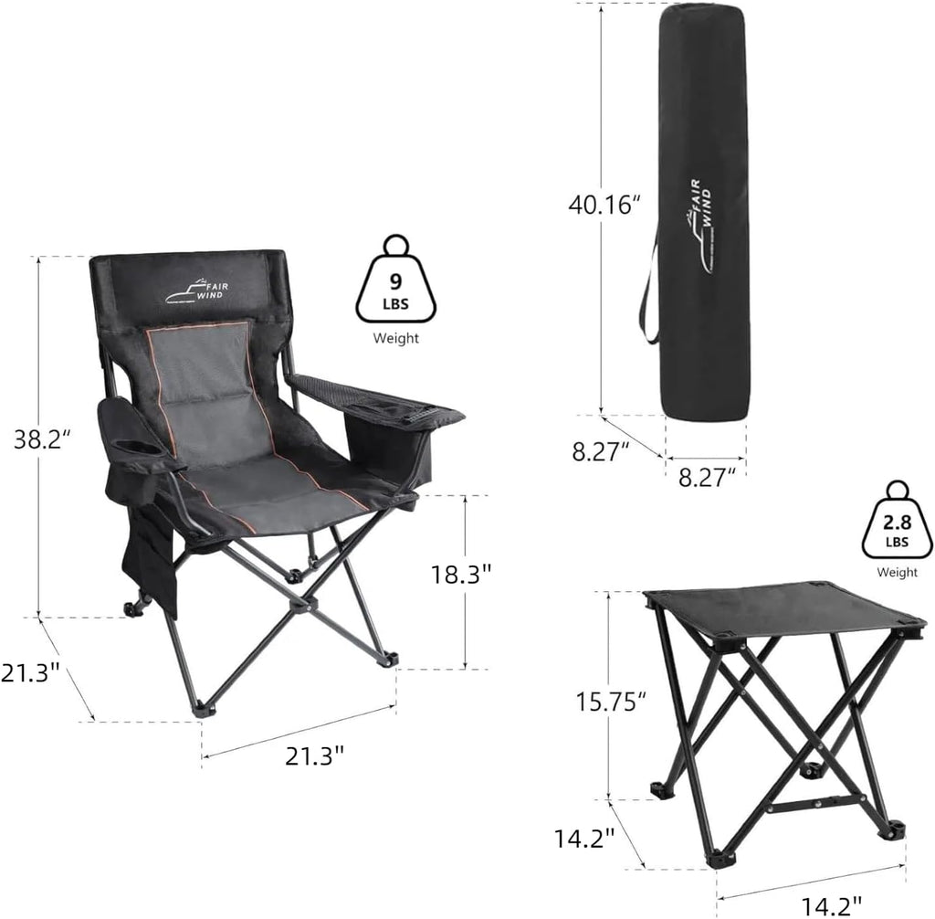 FAIR WIND Oversized Padded Camping Chair with Footrest Stool Set Heavy Duty Support 300 LBS Cooler Bag - Black Grey