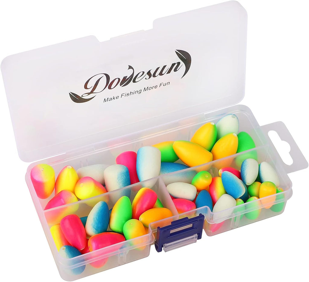 Dovesun 220/104/80/60/54/52/42pcs Pompano Rig Floats for Surf Fishing Foam Bobbers for Fishing Fly Fishing Bobbers Floats Bright Color Kit/Round/Cylindrical/Heart/Bullet/Pill/Spin Shape