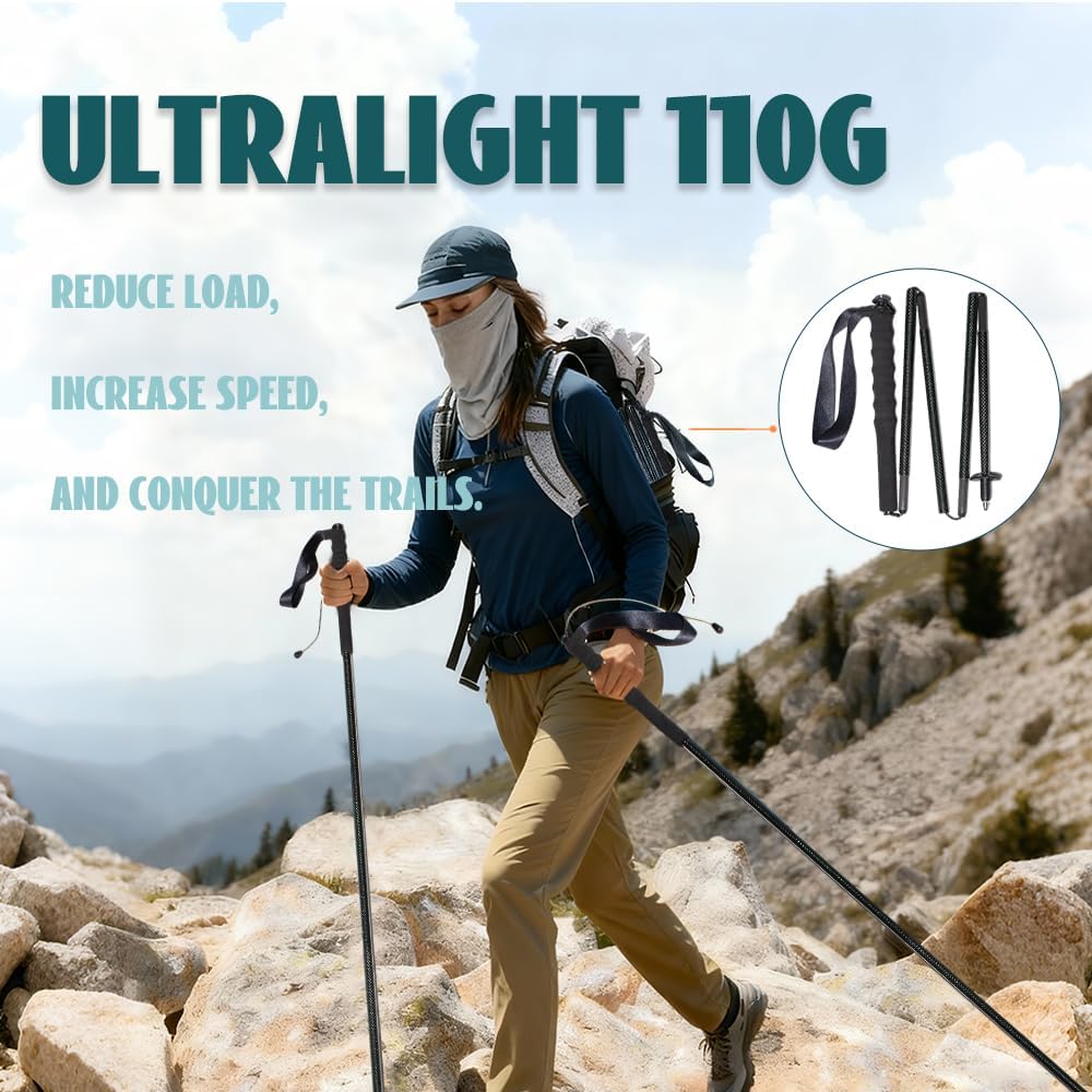 2pc High Strength 5-Section Foldable Carbon Fiber Trekking Poles - 115g/125g/130g, Compact Hiking Staff for Men & Women, Ideal for Hiking, Trekking, Mountaineering & Backpacking