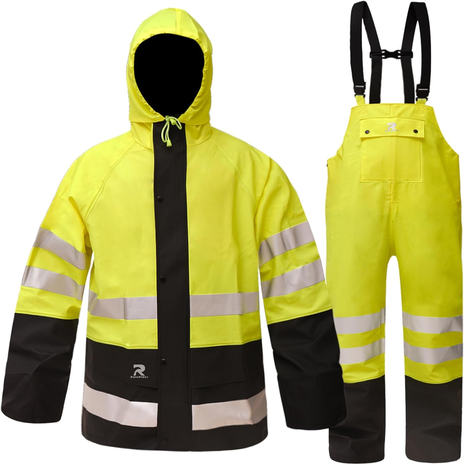 RainRider Rain Suits Waterproof for Men Women Heavy Duty Rain Gear Reflective Jacket Bib Pants 3 Pieces Rainwear