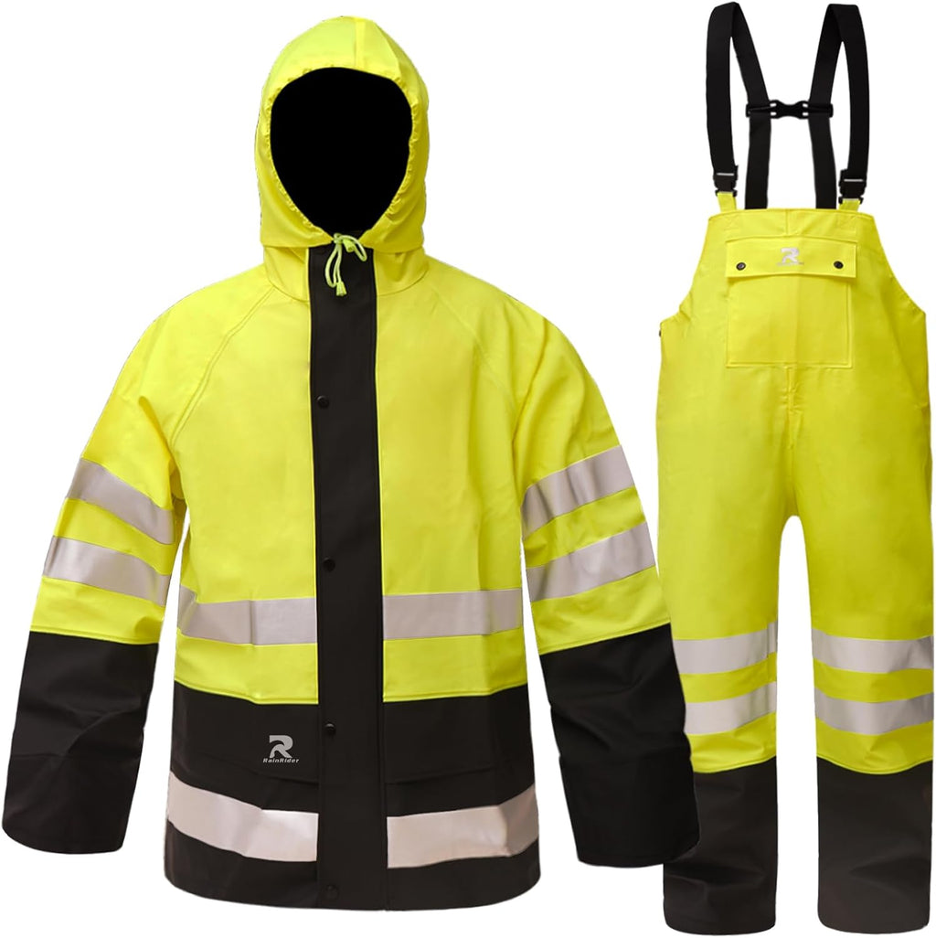 RainRider Rain Suits Waterproof for Men Women Heavy Duty Rain Gear Reflective Jacket Bib Pants 3 Pieces Rainwear