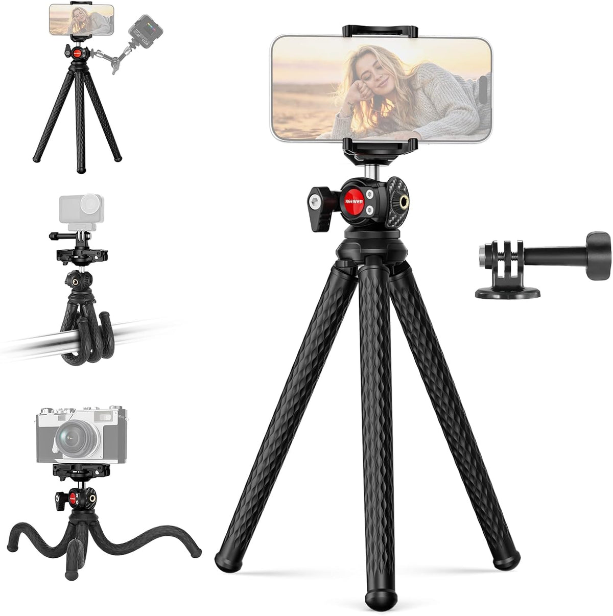 NEEWER Flexible Phone Tripod, Small Mini Camera Webcam Desk Stand, Phone Holder & Action Camera Mount Adapter Compatible with iPhone GoPro DJI Pocket 4 3 Xtra Muse Insta360 for Video Recording, TP34