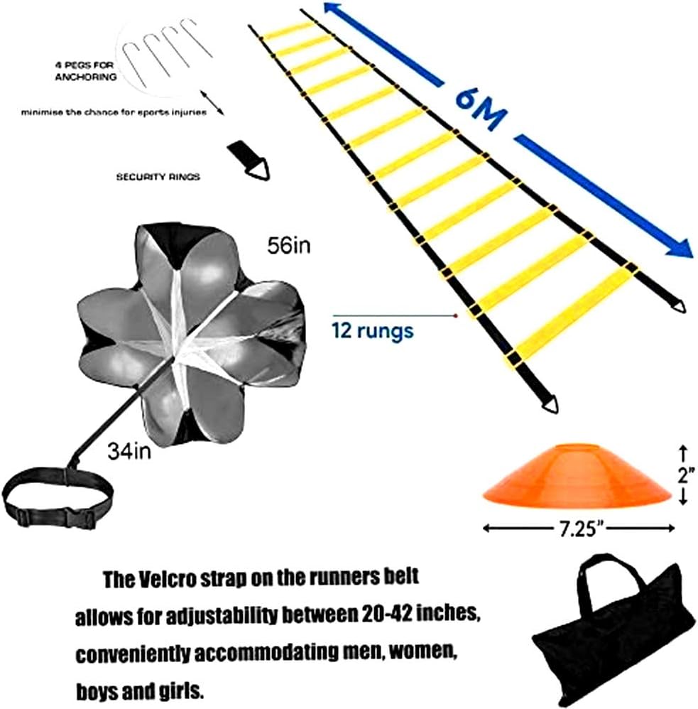 Agility Ladder, Speed Ladder, Speed Training Equipment Set, 20ft Agility Ladder, 12 Soccer Cones, Running Parachute, Basketball Football Soccer Training Equipment for Kids, Youth, Adults