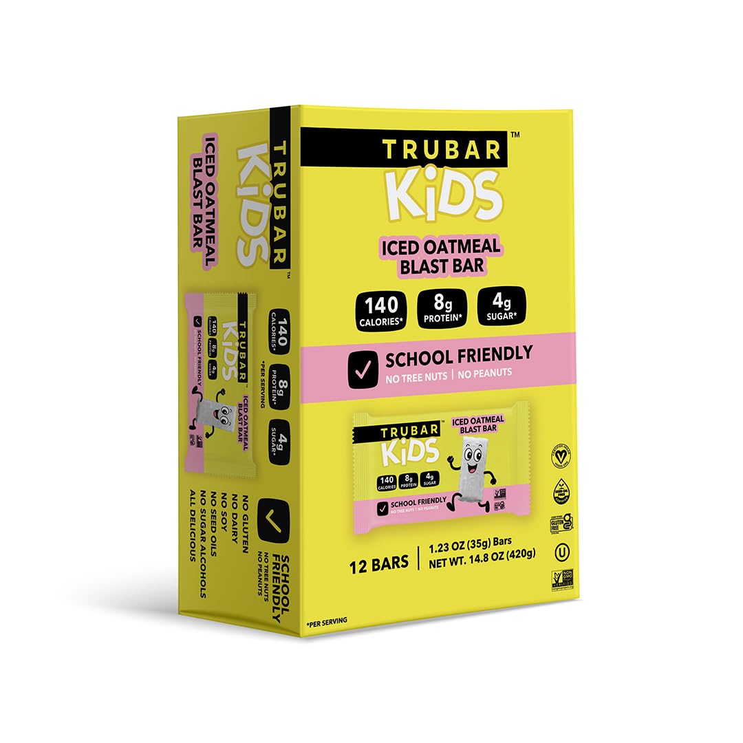 TRUBAR Kids Protein Bars, Iced Oatmeal Blast, Plant Based Protein, Gluten Free School-Friendly Snacks for Lunchboxes, Tree Nut and Peanut Free, Low Sugar, Healthy On the Go Snack Bars, 12 Count