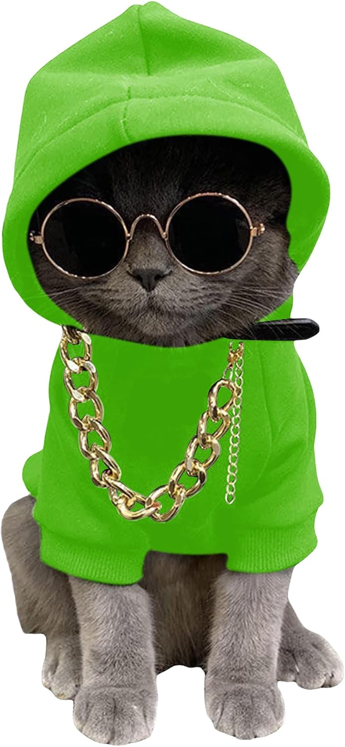 QWINEE 3Pcs Dog Hoodie Cat Apparel Dog Custume Set with Necklace and Sunglasses Pet Clothes for Puppy Small Medium Dogs Cats Multicolor S