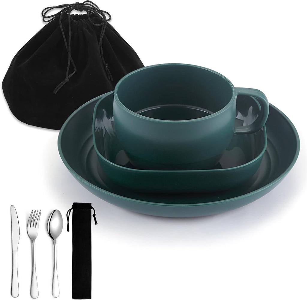 Camping Utensils Set, ReaNea Camping Plates and Bowls Set with Coffee Mug, Travel Cutlery Set Include Spoon, Fork, Knife for Home, Poolside, Outdoor, Picnic, Camp