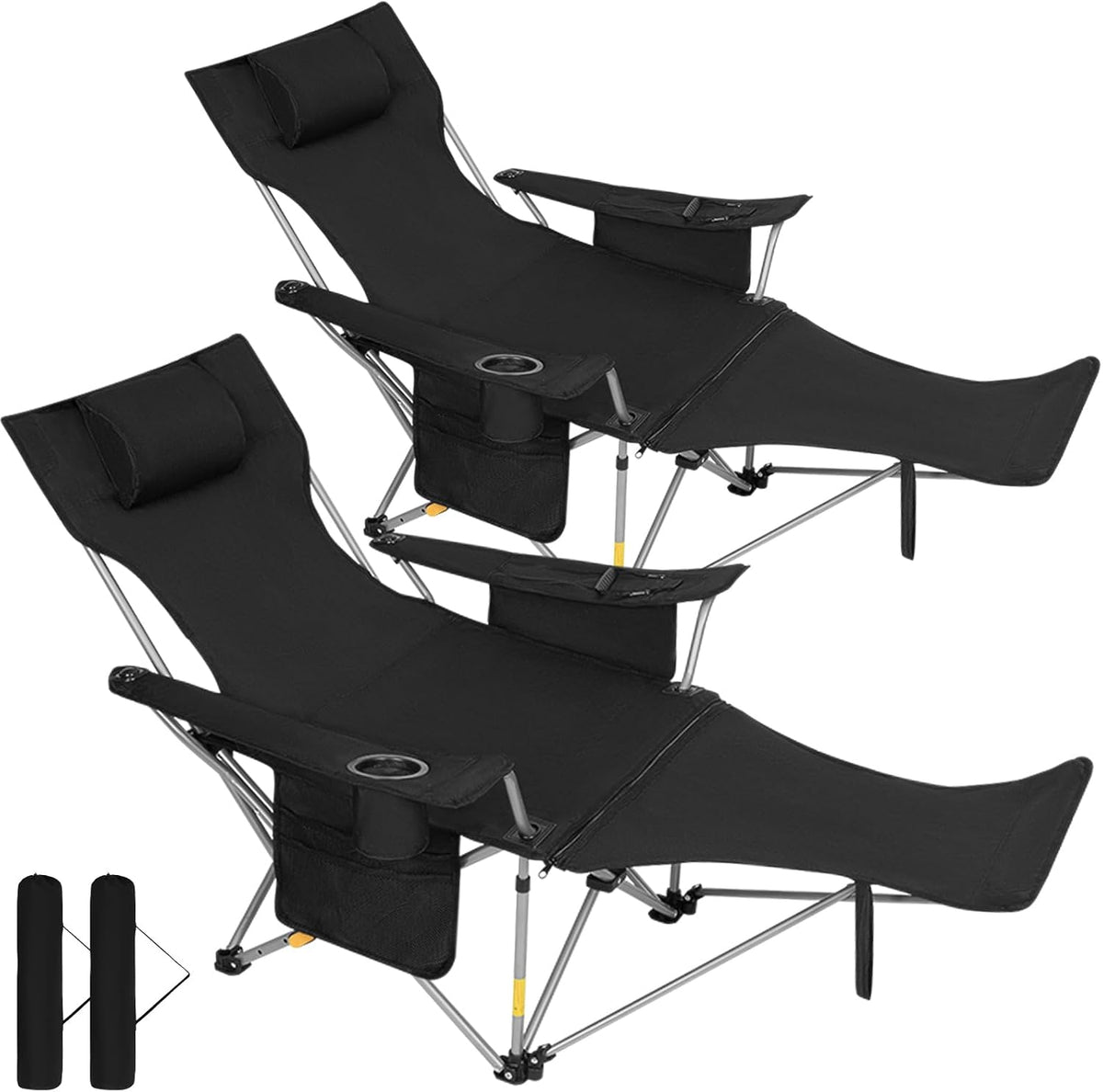 Romswi 2 Pack Reclining Camping Chairs with Removable Footrests, 4-Position Adjustable Lounge Chairs, 300 LBS Heavy Duty Folding Chairs with Cooler Bag, Cup Holder & Carry Bag, Mesh Black
