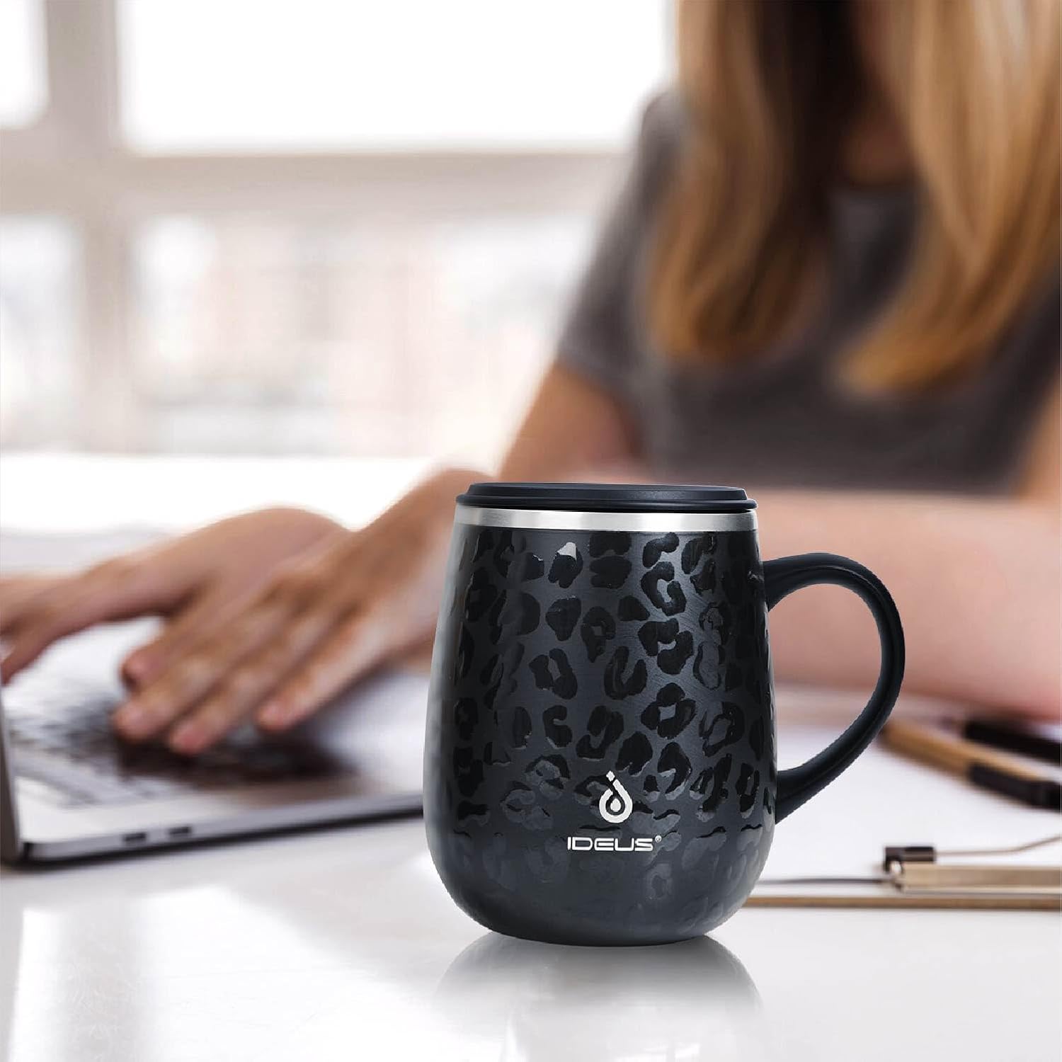 Ideus 16 oz Insulated Coffee Mug with Lid and Handle (Leopard Black)