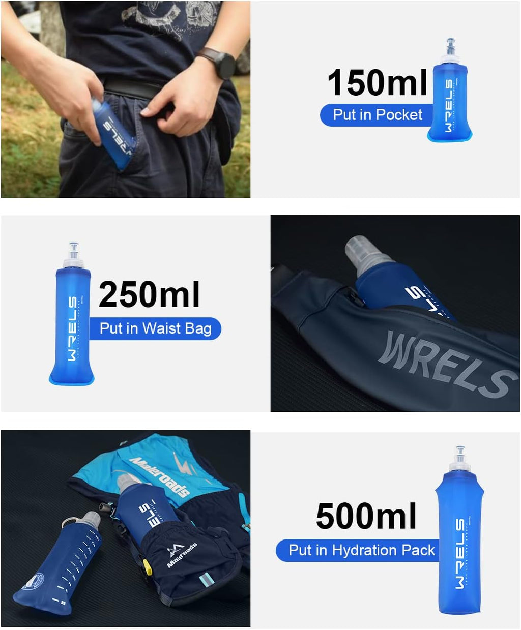 WRELS TPU Soft Flask Lightweight Portable Reusable Water Bottle,BPA Free Collapsible Flask for Hydration Pack in Running Hiking Cycling and Marathon