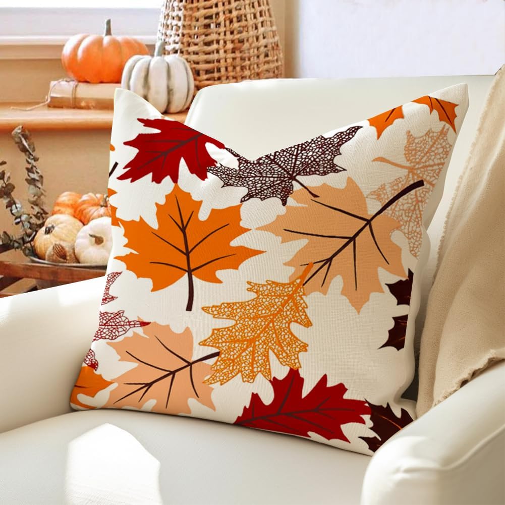 Fall Pillow Covers 18x18 Set of 2,Maple Leaves Outdoor Thanksgiving Autumn