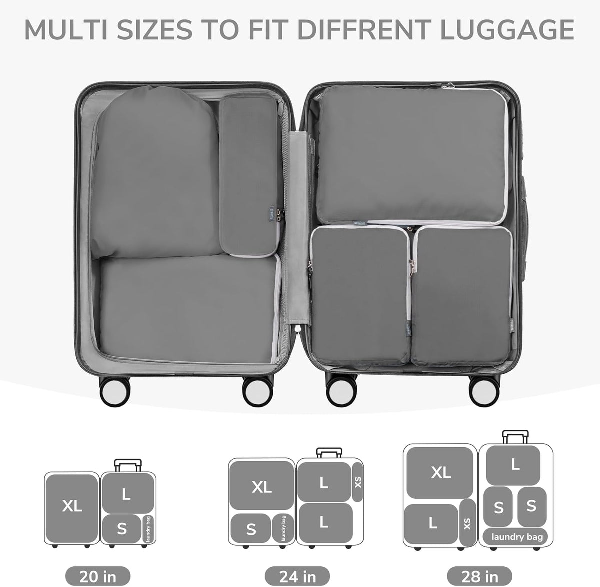 CherryNow 7 Set Compression Travel Packing Cubes for Suitcases, Grey