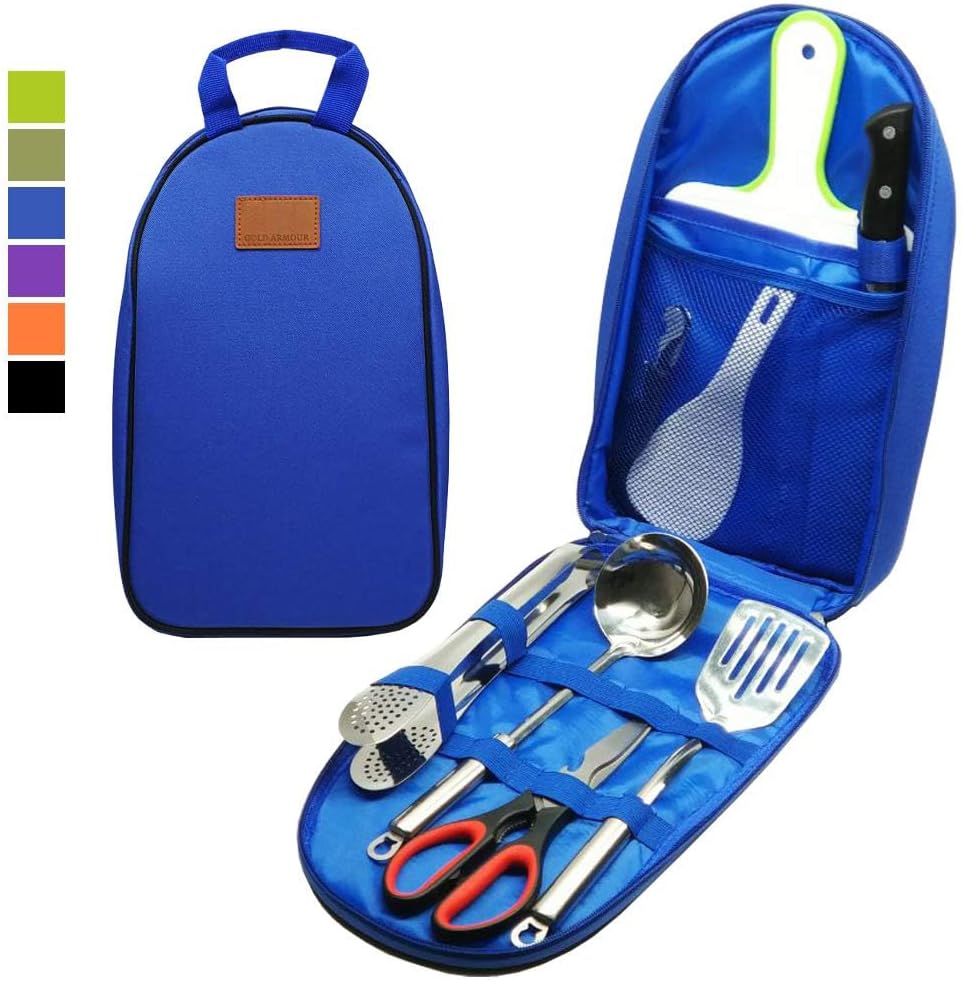 Camp Kitchen Utensil Organizer Travel Set Portable BBQ Camping Cookware Stainless Steel Utensils Travel Kit Outdoor Equipment Cutting Board Tongs Scissors Knife Ladle Spatula