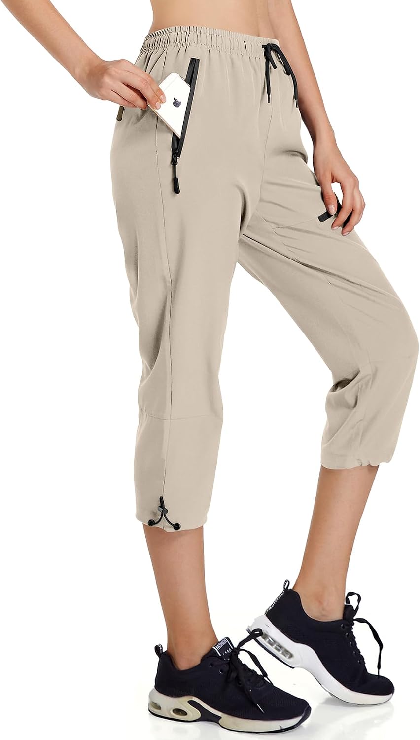 Ksmien Women's Hiking Cargo Capri Pants Quick Dry with Zipper Pockets