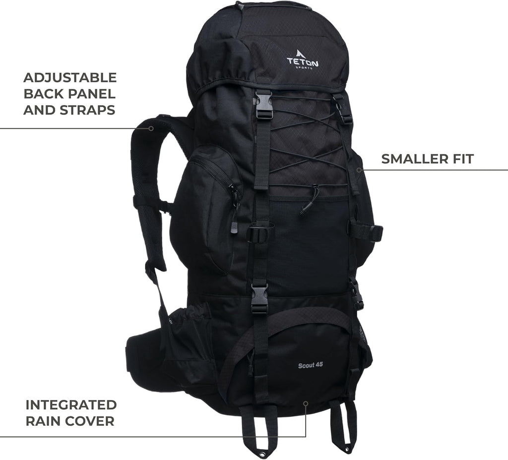 Teton 55L Scout Internal Frame Backpack for Hiking, Camping, Backpacking, Rain Cover Included, Pacific