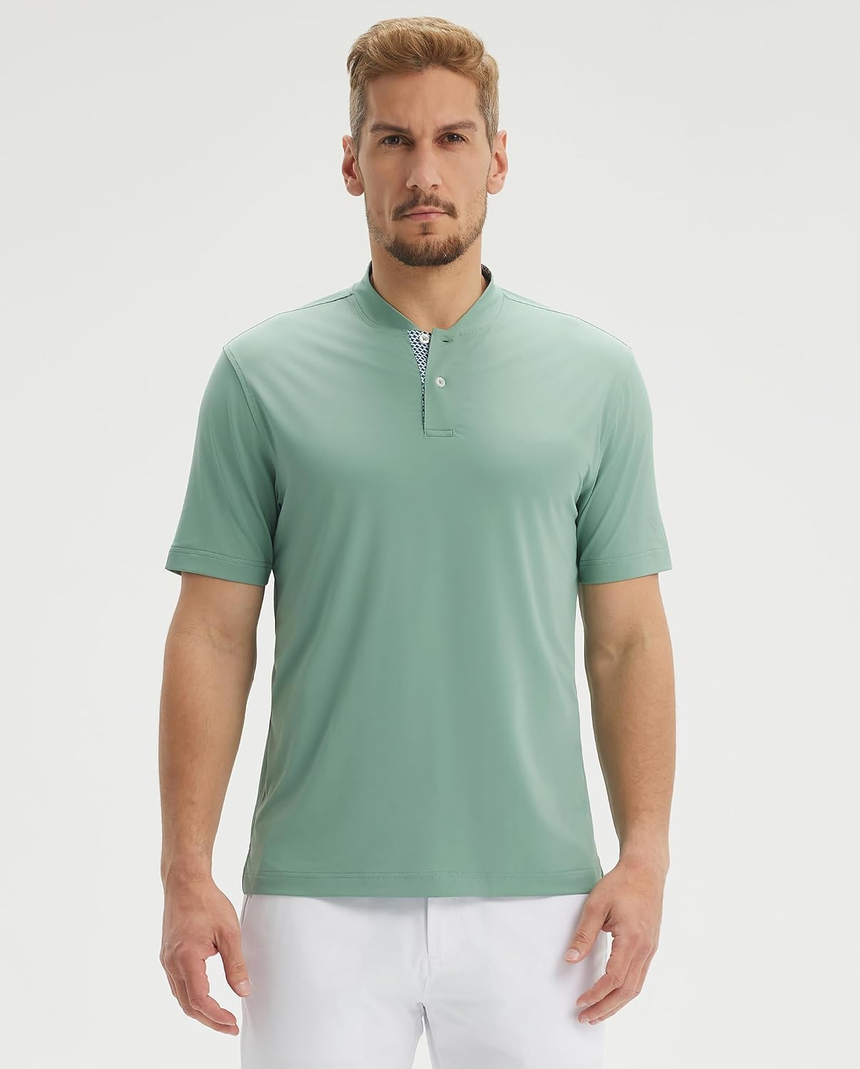 M MAELREG Mens Golf Shirts Collarless Performance Dry Fit Moisture Wicking Casual Solid Short Sleeve Henley Shirts for Men