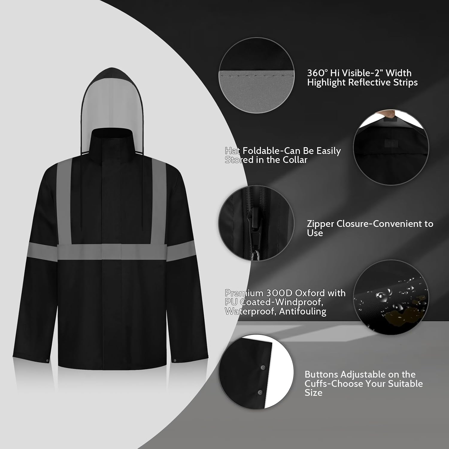 TCCFCCT Hi Vis Jacket and Pants Rain Suit - Waterproof, High Vis Rain Coat with Hood, Safety Work Class 3 Reflective - L-XL Black WP