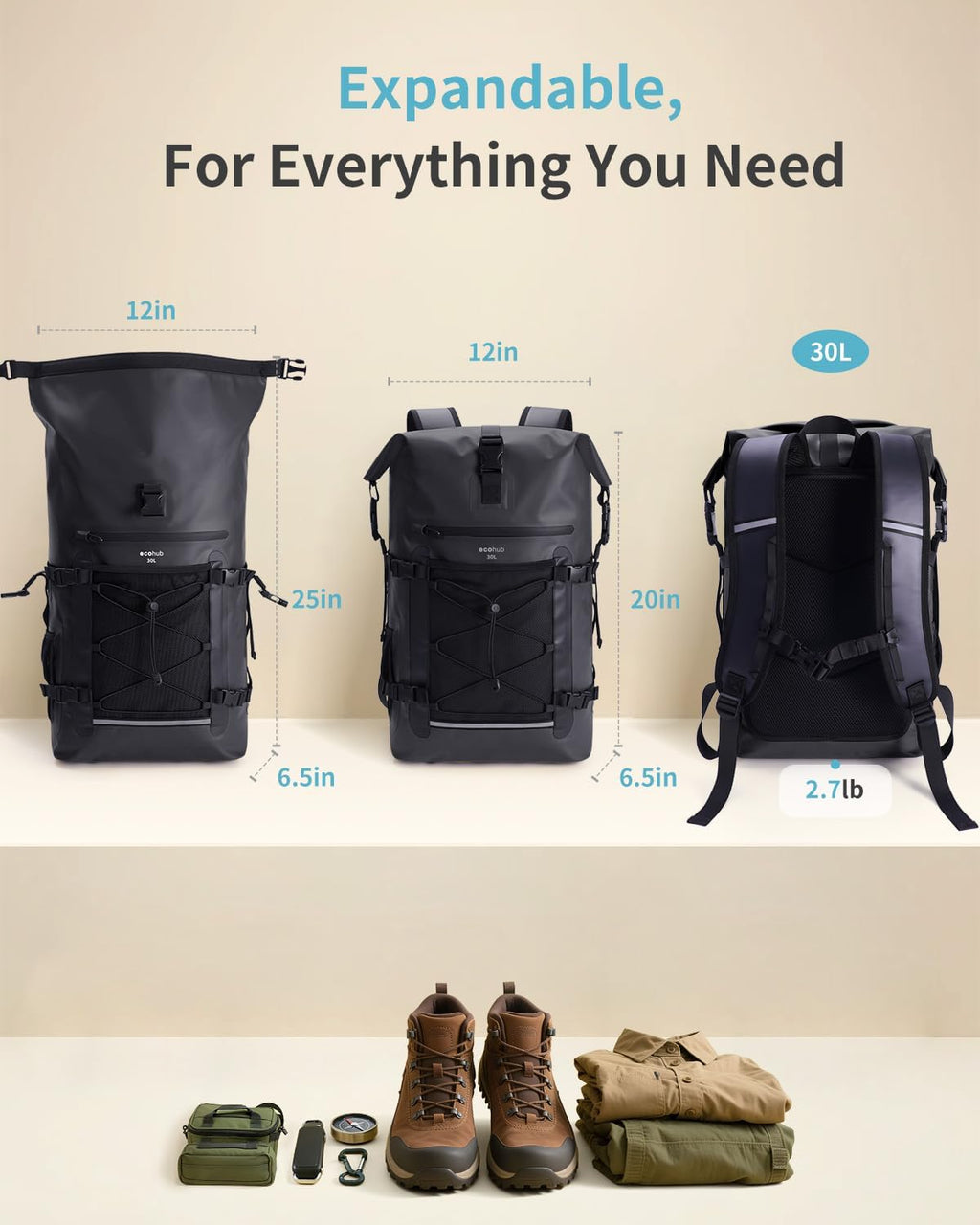 ECOHUB Waterproof Backpack, 30L Roll-Top Closure Heavy Duty Dry Bag