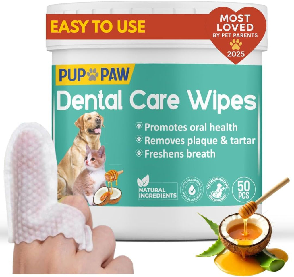 Vet Recommended Dog & Cat Dental Wipes - Freshens Breath - Easy Daily Oral Care - Dog Tooth Brushing Kit - Dental Finger Wipes for Pets - 50 Count