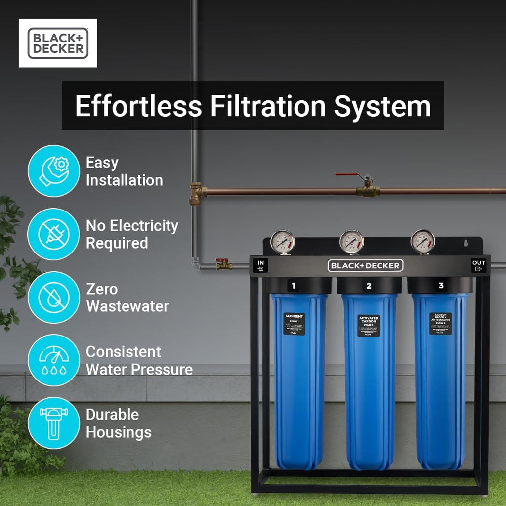 BLACK+DECKER Whole House Water Filter System | Anti-Scale | 3-Stage Filtration System | Specially Designed to Prevent Scale Build-Up | Protects Appliances | IAPMO R&T Tested, NSF/ANSI 42 Certified