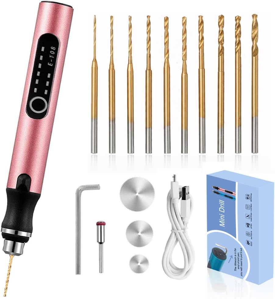 3-Speed Cordless Mini Drill Pen With 10 Small Drill Bits, Rechargeable Electric Hand Drill Pin Vise, Resin Drill Set For Jewelry Making, Resin, Plastic, Wood, Keychains DIY (PINK)