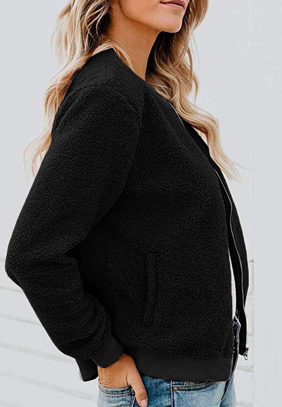 MIROL Women's Fall Fleece Bomber Jacket Trendy Sherpa Winter Coat Fuzzy Casual Long Sleeve Zip Up Loose Fit Jackets