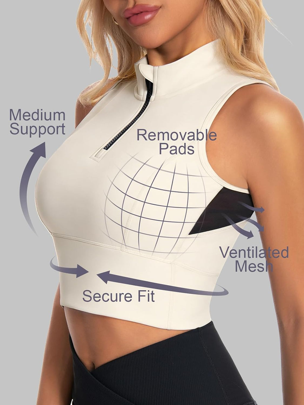 AARYA Zip Front Cropped Workout Tank Tops with Built in Bra