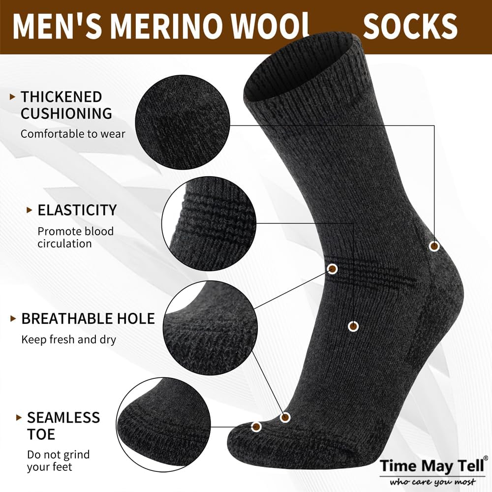 Time May Tell Merino Wool Hiking Boot Socks Cushioned Warm Outdoor Socks