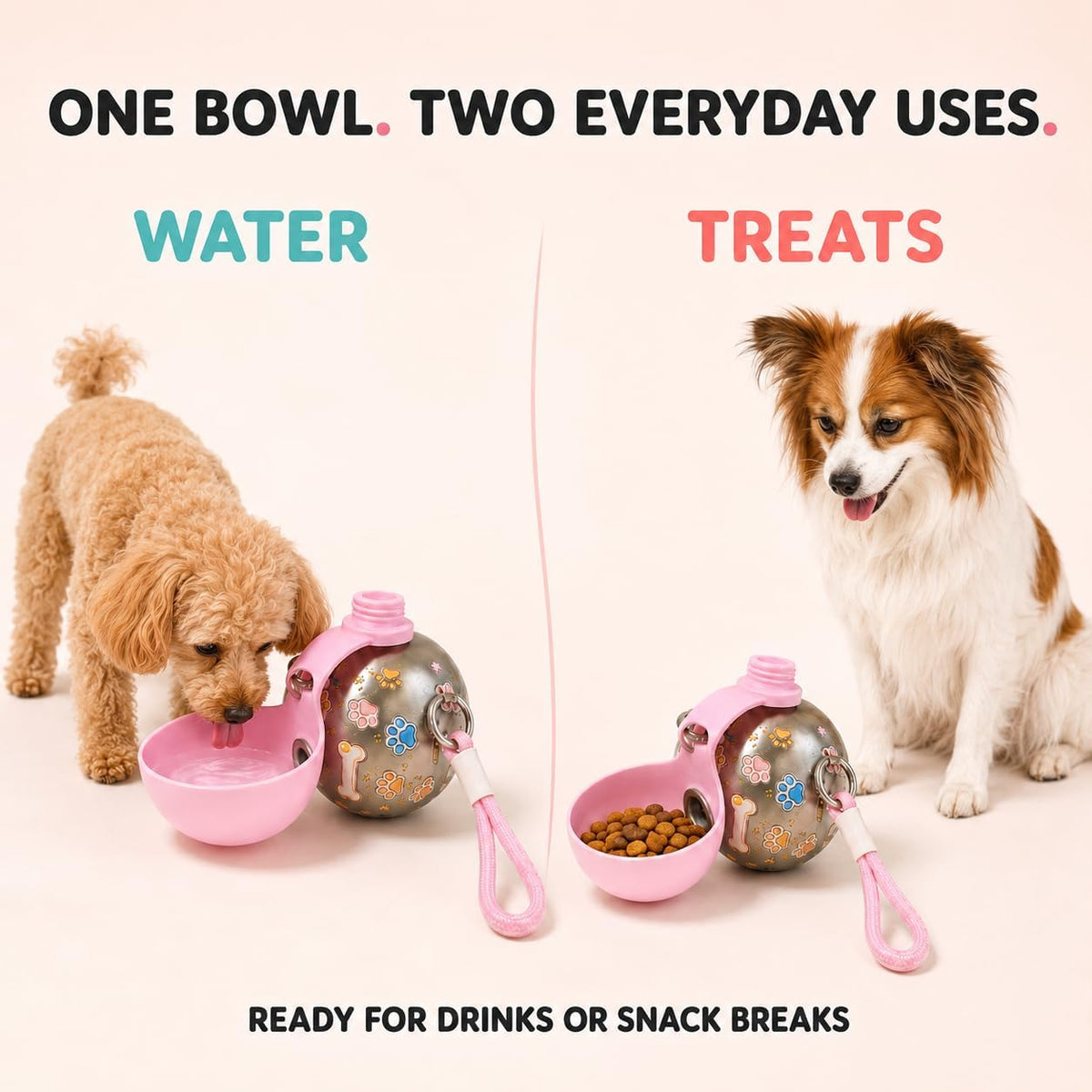 2026 New 2-in-1 Dog Water Bottle Portable, 10 Ounce Stainless Steel Dog Water Bottle, Travel Dog Water Bottle with Foldable Silicone Bowl and Water Reflux Design, Suitable for During Walks (Pink)
