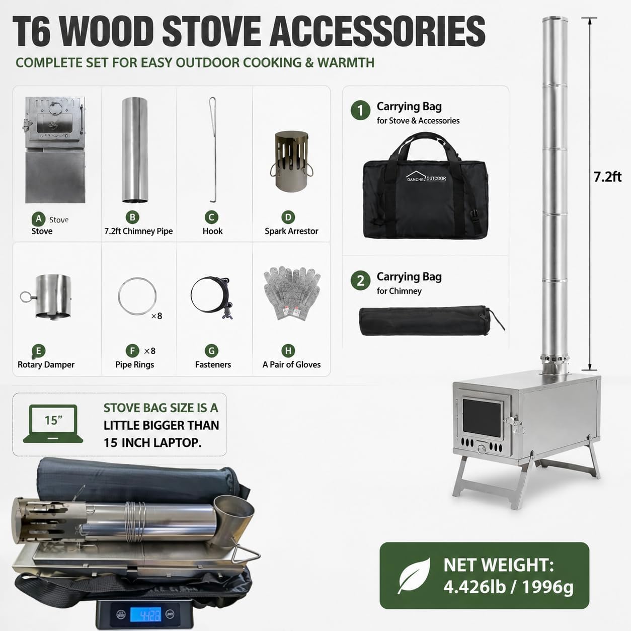 DANCHEL OUTDOOR T6 Ultralight Titanium Wood Stove with 7.2ft Chimney Pipe