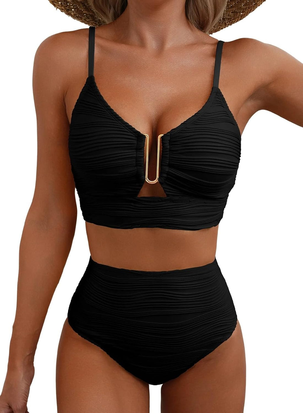 Herseas Women High Waisted U Wired Texured 2 Piece Bikini Sets