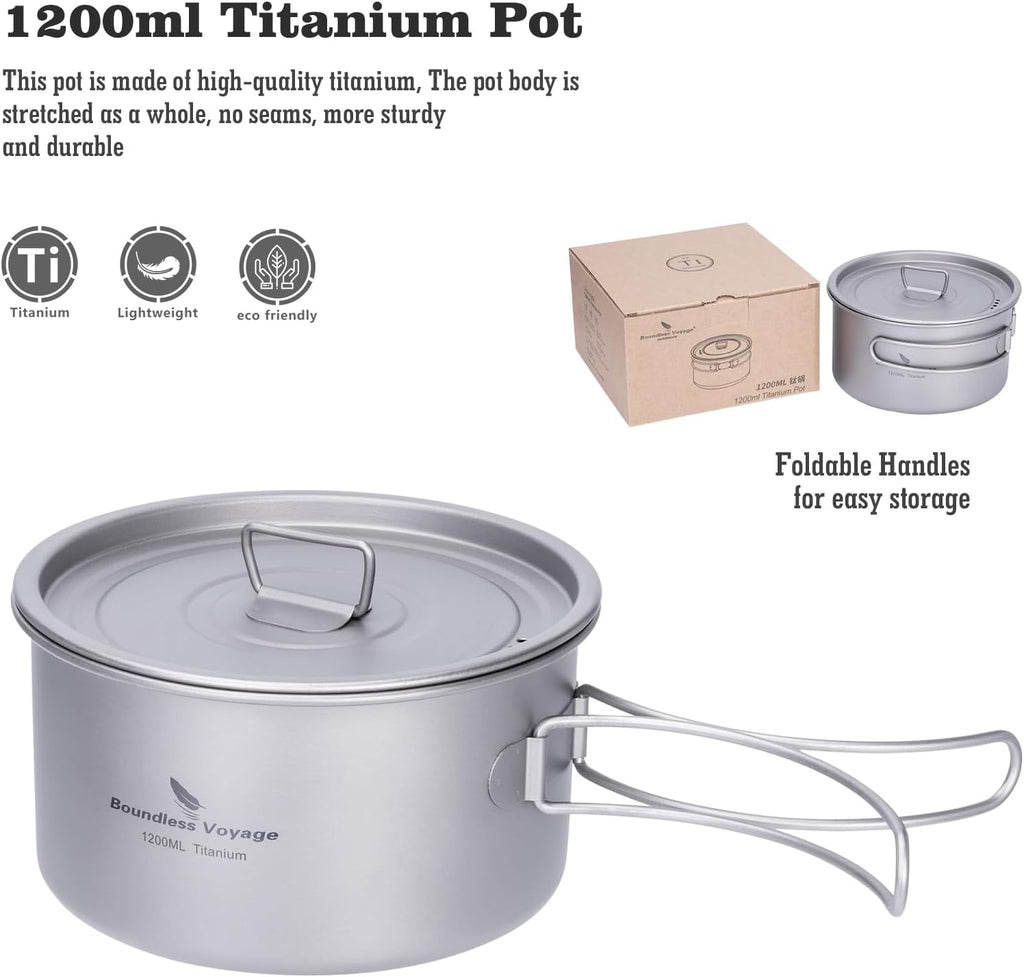 iBasingo 1.2L Titanium Pot Camping Cookware with Lid Ti2106C