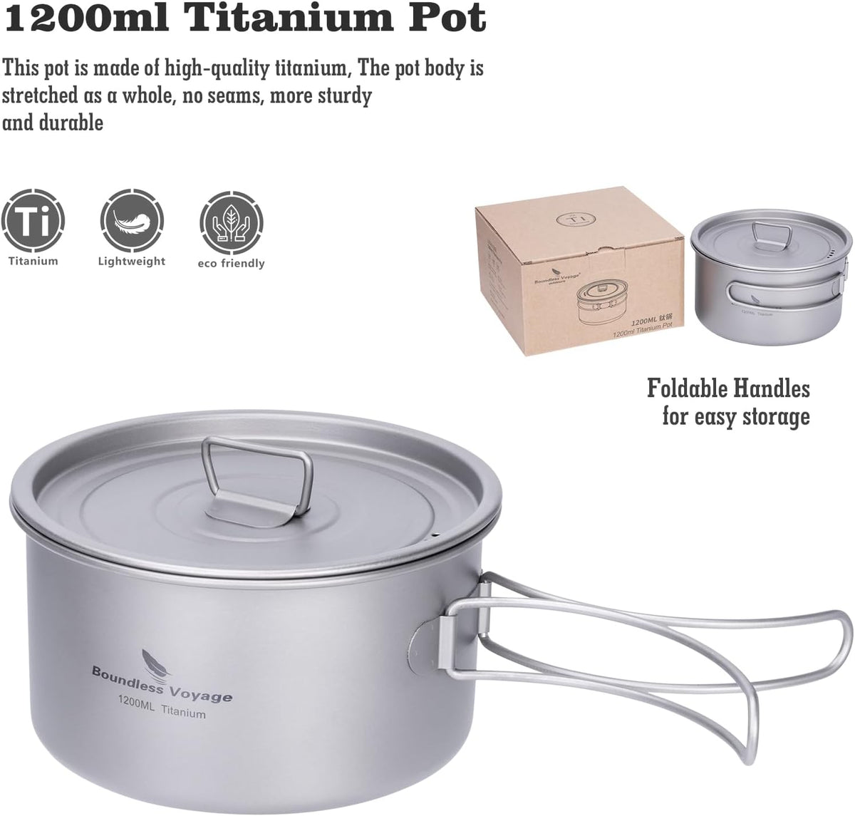 iBasingo 1.2L Titanium Pot Camping Cookware with Lid Ti2106C