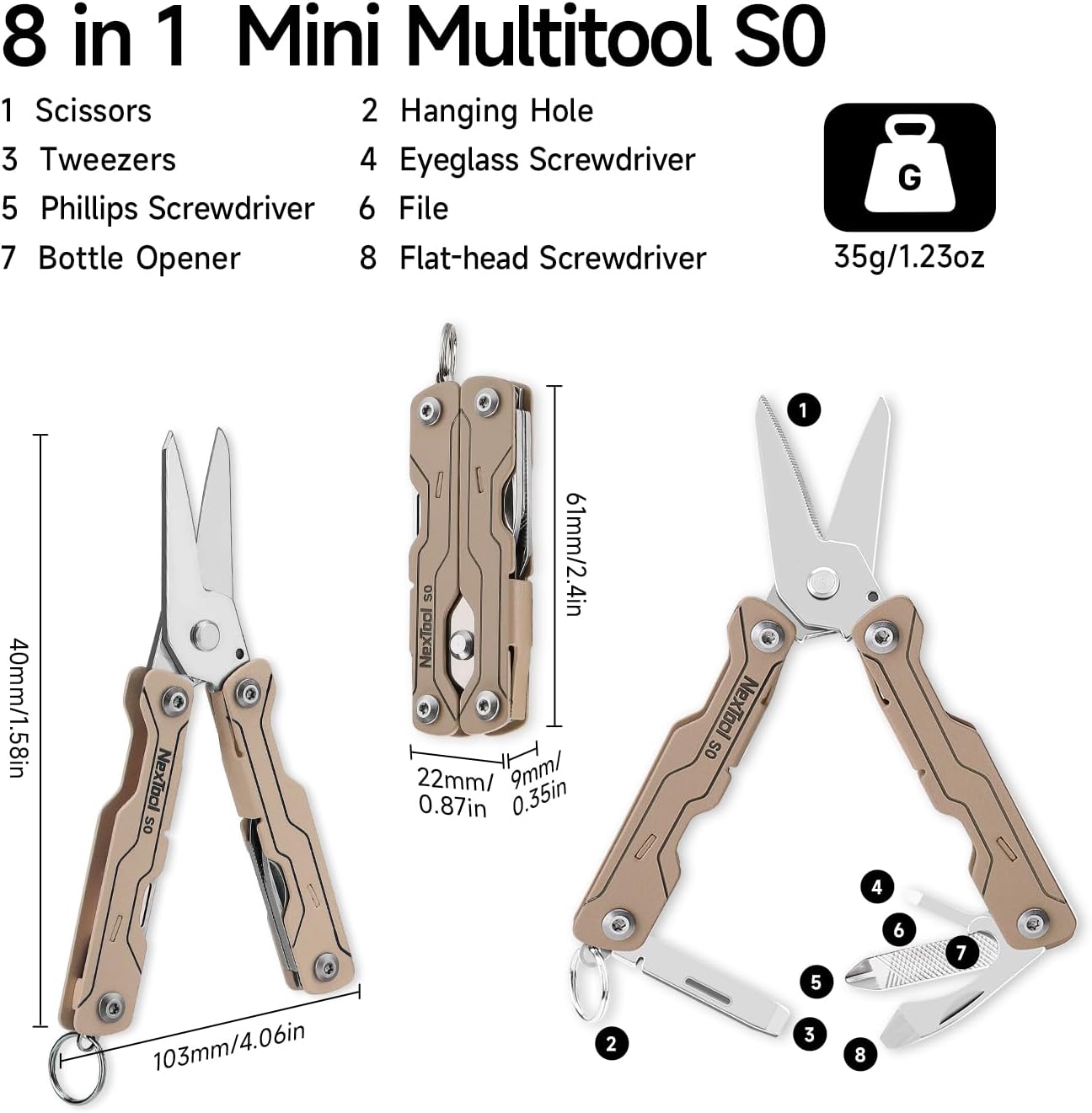 NexTool Micro Sailor Scissors S0, 8-in-1 Mini Keychain Multitool (Khika)