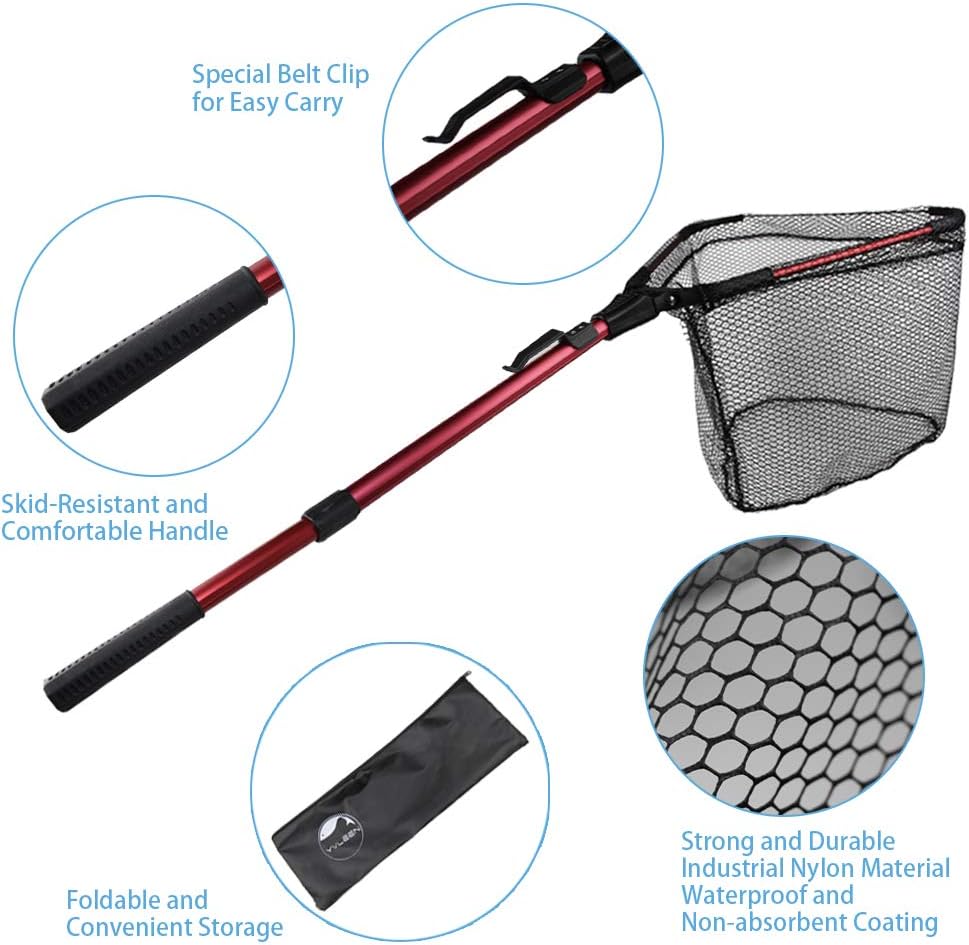 YVLEEN Folding Fishing Net - Foldable Fish Landing Net Robust Aluminum Telescopic Pole Handle and Nylon Mesh 16inch Hoop Size
