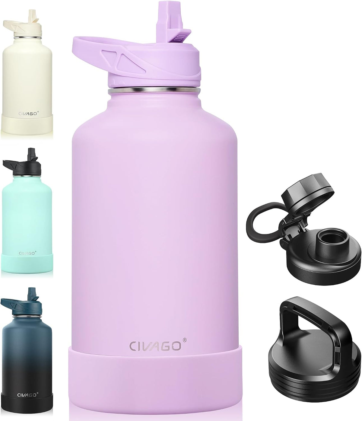 CIVAGO 64 oz Insulated Stainless Steel Water Bottle With Straw and 3 Lids
