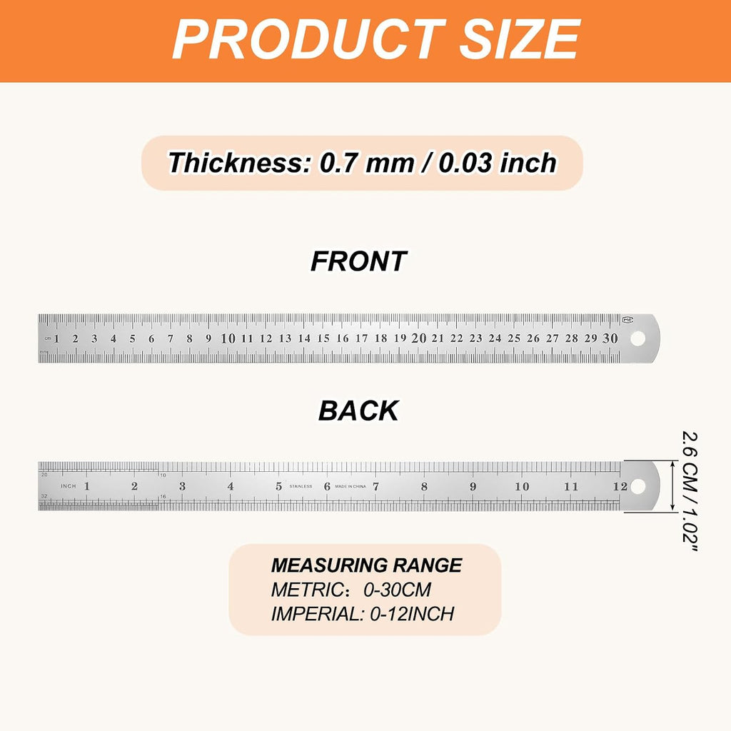 HARFINGTON 12 Pcs Steel Ruler 12" x1-1/32 Machinist Metal Ruler Carbon Steel Metric Straight Edge Measuring Tools 0.6mm Thick for Engineering Architect Drawing Home Office