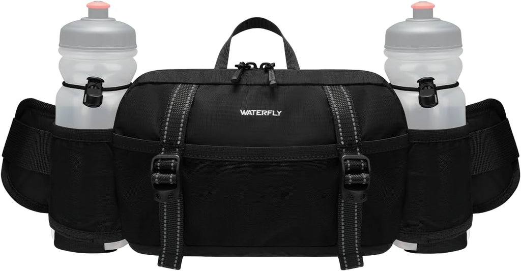 WATERFLY Large Hiking Fanny Pack: 3L Waist Bag with 2 Bottle Holders for Women Men - 9 Pockets & Adjustable Belt Lumbar Hip Packs for Travel Running Cycling Camping Workout (Bottles Not Included)