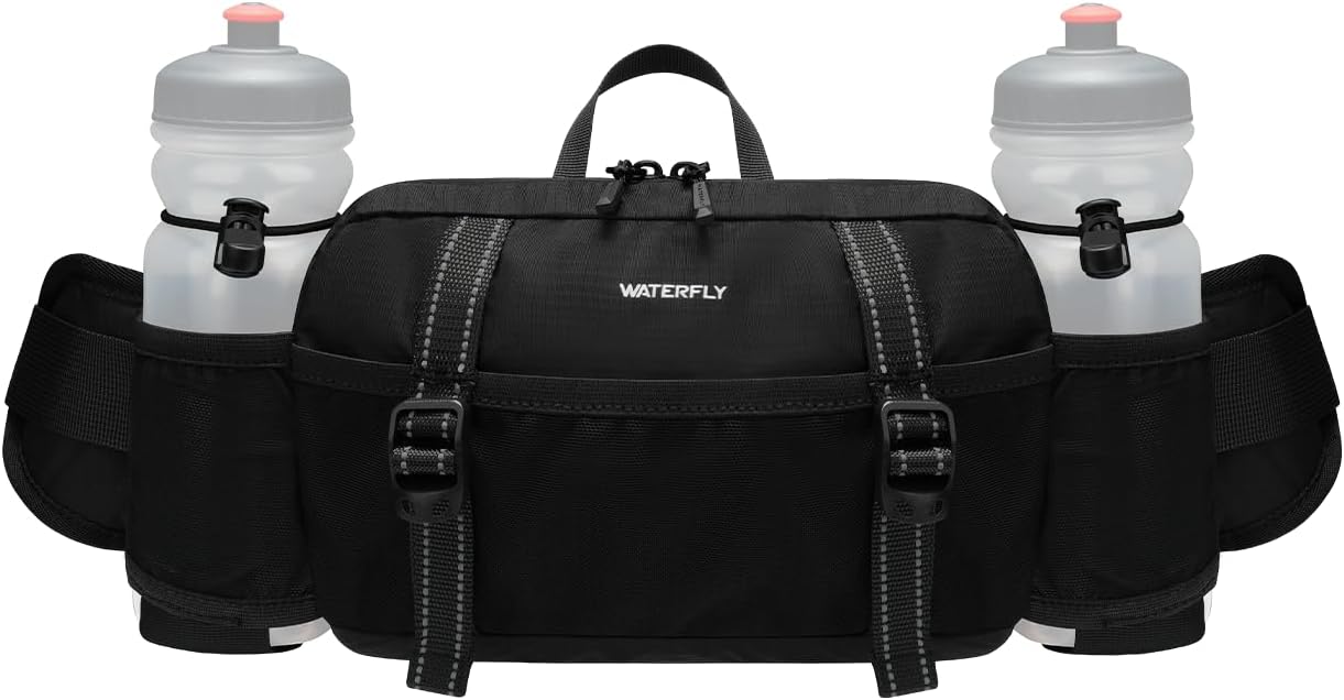 WATERFLY Large Hiking Fanny Pack: 3L Waist Bag with 2 Bottle Holders for Women Men - 9 Pockets & Adjustable Belt Lumbar Hip Packs for Travel Running Cycling Camping Workout (Bottles Not Included)