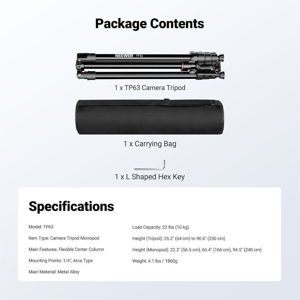 NEEWER 90 Inch Tall Overhead Horizontal Camera Tripod Monopod with Ball Head & Flexible Center Column, Metal DSLR Video Travel Stand, Arca Type QR Plate & Inverted Legs, Max Load 10 kg / 22 lbs, TP63