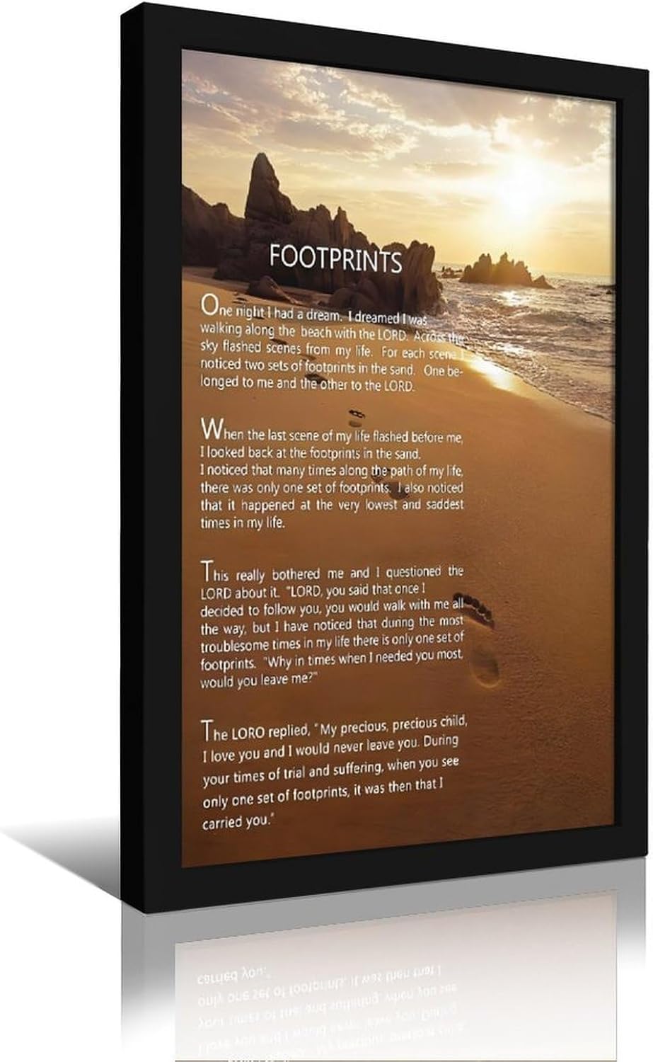 Footprints in the Sand Religious Canvas Wall Art Posters, Inspirational Beach Sunset Poem Print Poster (Black Framed 24x36inch, Footprints(2))