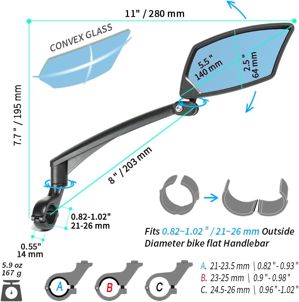BriskMore Handlebar Bike Mirror - Crystal Clear HD Glass, 360° Adjustable&Foldable Mirror for Safe Riding, Wide Angle Rearview for E-Bikes, Mountain Bikes & Scooters,Bicycle Mirror