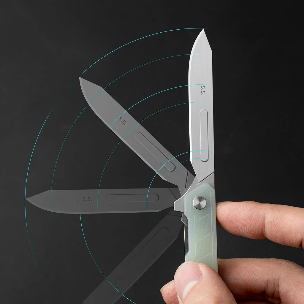 OLITANS G046 Mecha Mini Slim Folding Scalpel with 5pcs #24 and 5pcs #60 G10 Handle with Liner Lock, Utility EDC Pocket Knife with Back Clip（Jade Color）