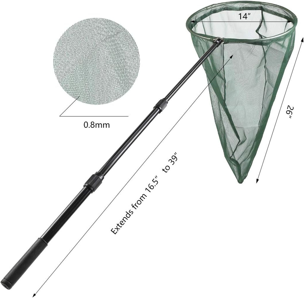 Professional Insect and Butterfly Net with 14" Stainless Ring, 26" Net Depth, Strong Aluminum Telescopic Handle Extends to 39", Muslin Banding at the Top