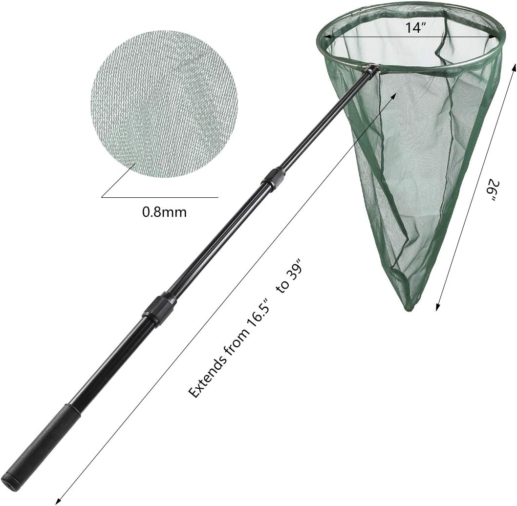 Professional Insect and Butterfly Net with 14" Stainless Ring, 26" Net Depth, Strong Aluminum Telescopic Handle Extends to 39", Muslin Banding at the Top