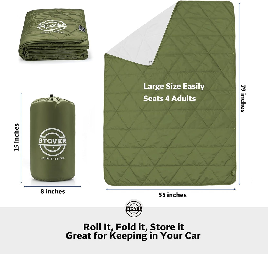 STOVER Outdoor Waterproof Fleece Travel Blanket for Camping, Picnics, Stadiums, Sports, the Beach– Warm, Windproof, Compact, Lightweight & Sand-Resistant (Olive Green)