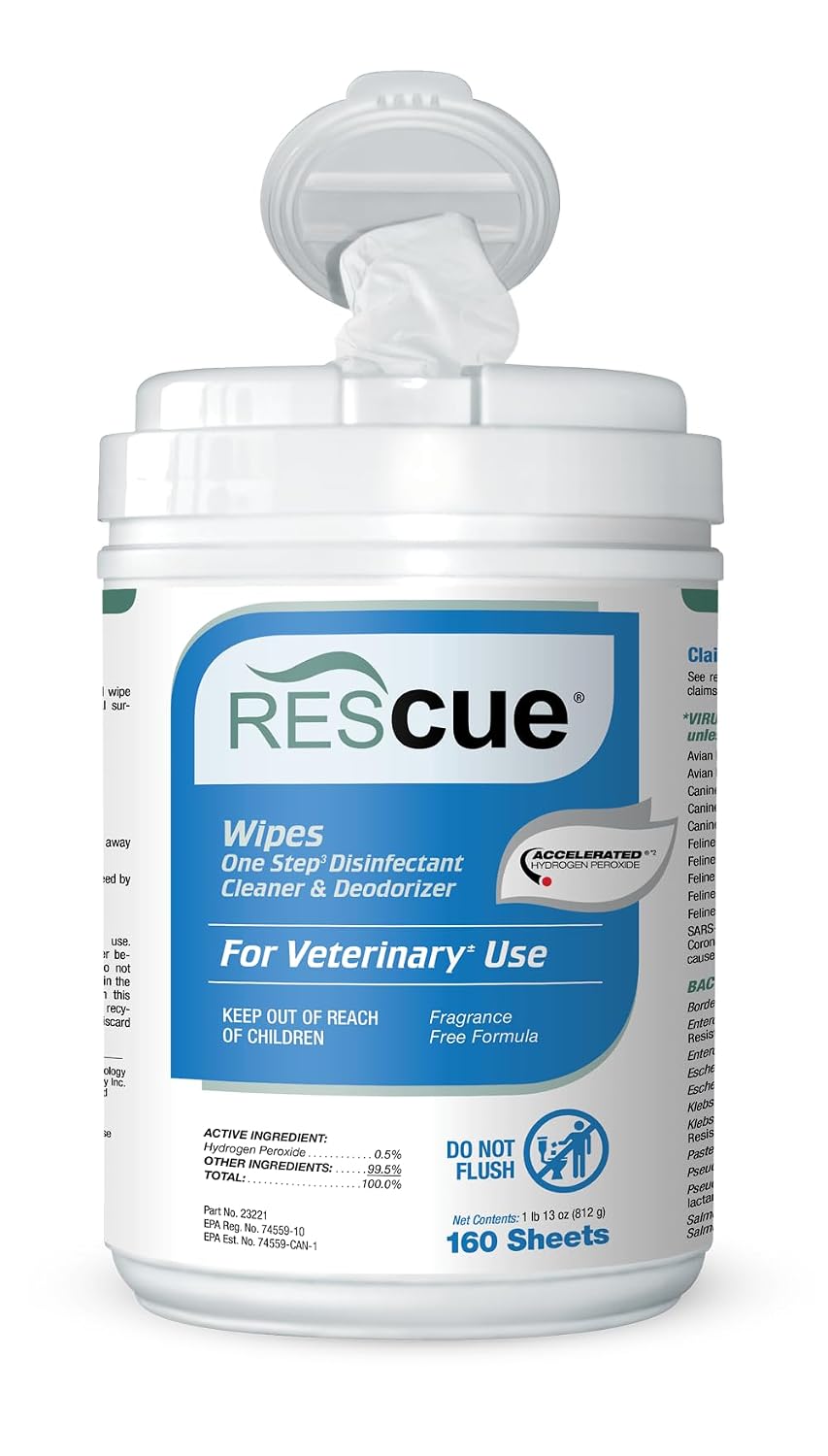 REScue One-Step Disinfectant Cleaner & Deodorizer Wipes for Vet Use – Cleaner for Kennels, Litter Boxes, Vet Offices, Pet Grooming Surfaces, Pet Items – Wipes Canister, 160-Count (Pack of 1)